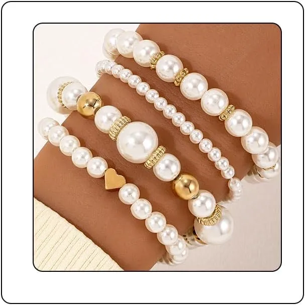 Gold Bracelets for Women Stretch Bead Ball Bracelet Set Stack Strand Beaded Bracelet Non Tarnish Stackable Pearl Ball Bracelets for Women Trendy Gift