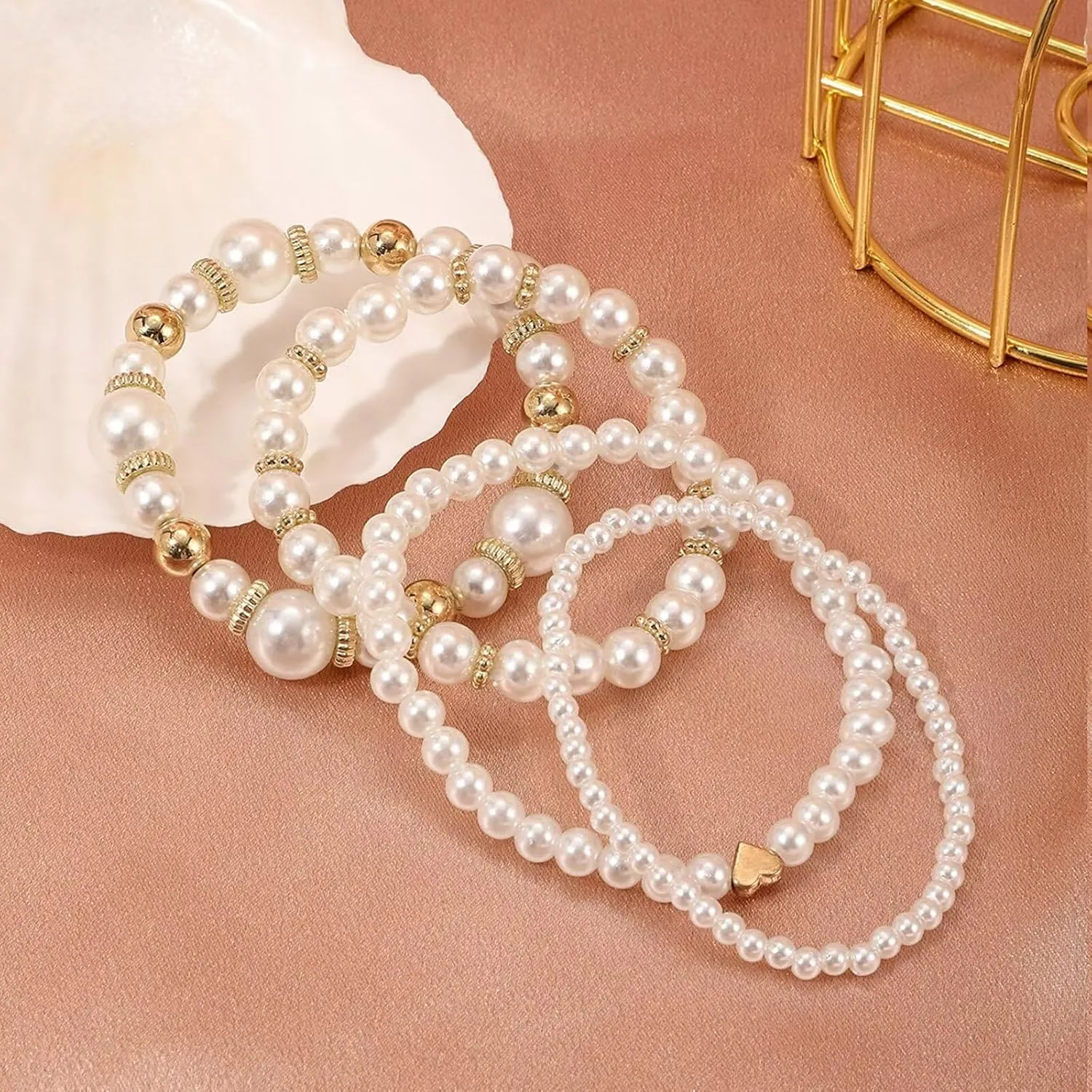 Gold Bracelets for Women Stretch Bead Ball Bracelet Set Stack Strand Beaded Bracelet Non Tarnish Stackable Pearl Ball Bracelets for Women Trendy Gift
