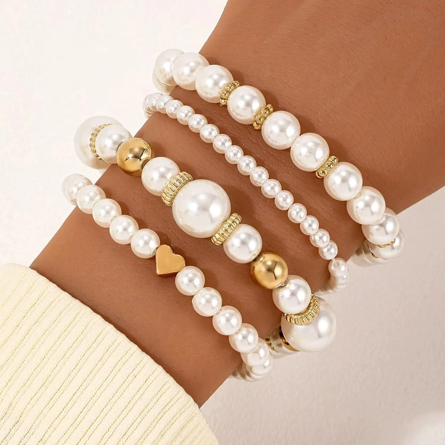 Gold Bracelets for Women Stretch Bead Ball Bracelet Set Stack Strand Beaded Bracelet Non Tarnish Stackable Pearl Ball Bracelets for Women Trendy Gift