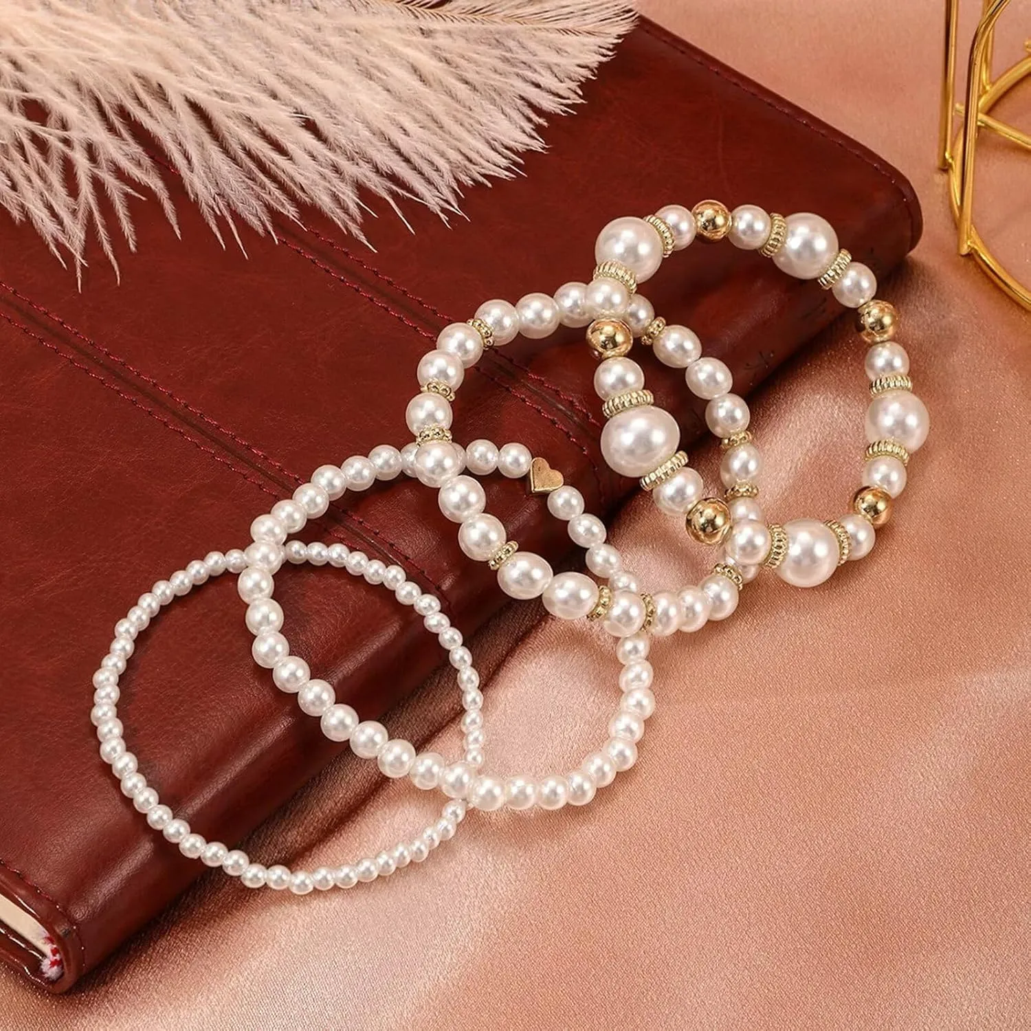 Gold Bracelets for Women Stretch Bead Ball Bracelet Set Stack Strand Beaded Bracelet Non Tarnish Stackable Pearl Ball Bracelets for Women Trendy Gift