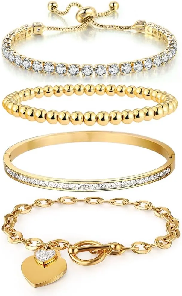 Gold Bracelets for Women Stretch Beaded Bracelets 18K Gold Plated Bangle Bracelet Stack Set