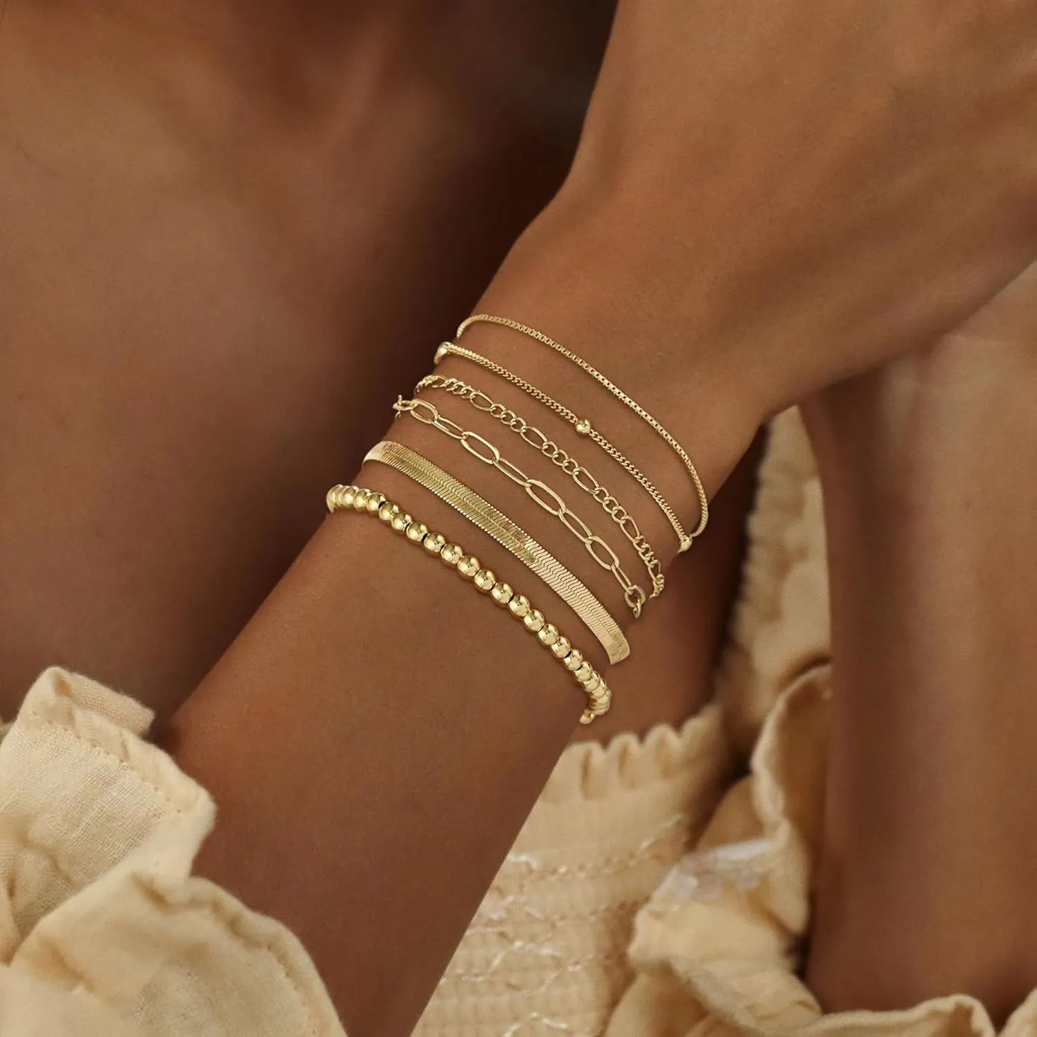 Gold Bracelets Jewelry Gifts Set for Women Fashion Dainty Gold Adjustable Layered Link Chain Bracelet Non Tarnish Pack for Women 14K Real Gold Cute Bracelets