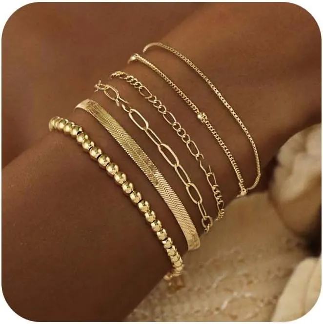 Gold Bracelets Jewelry Gifts Set for Women Fashion Dainty Gold Adjustable Layered Link Chain Bracelet Non Tarnish Pack for Women 14K Real Gold Cute Bracelets