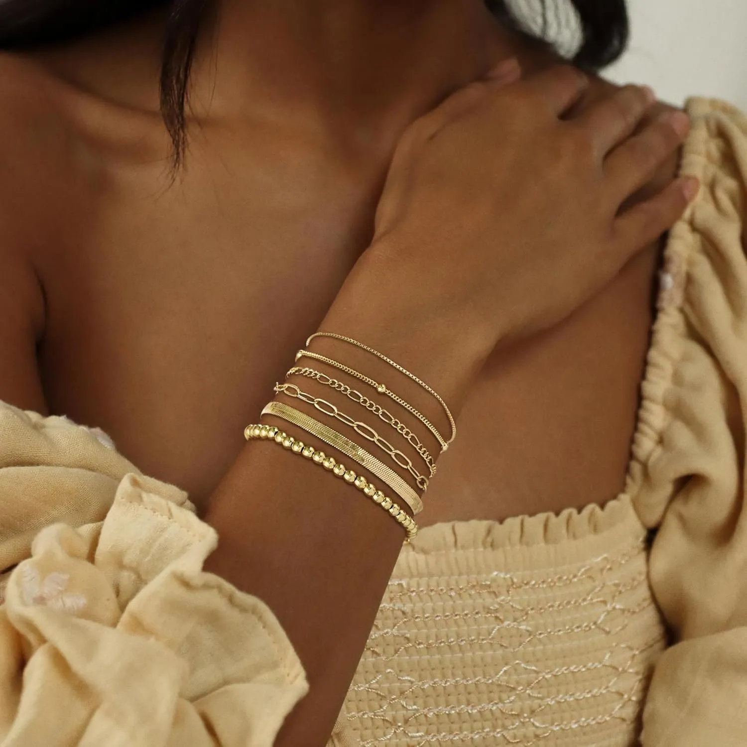 Gold Bracelets Jewelry Gifts Set for Women Fashion Dainty Gold Adjustable Layered Link Chain Bracelet Non Tarnish Pack for Women 14K Real Gold Cute Bracelets