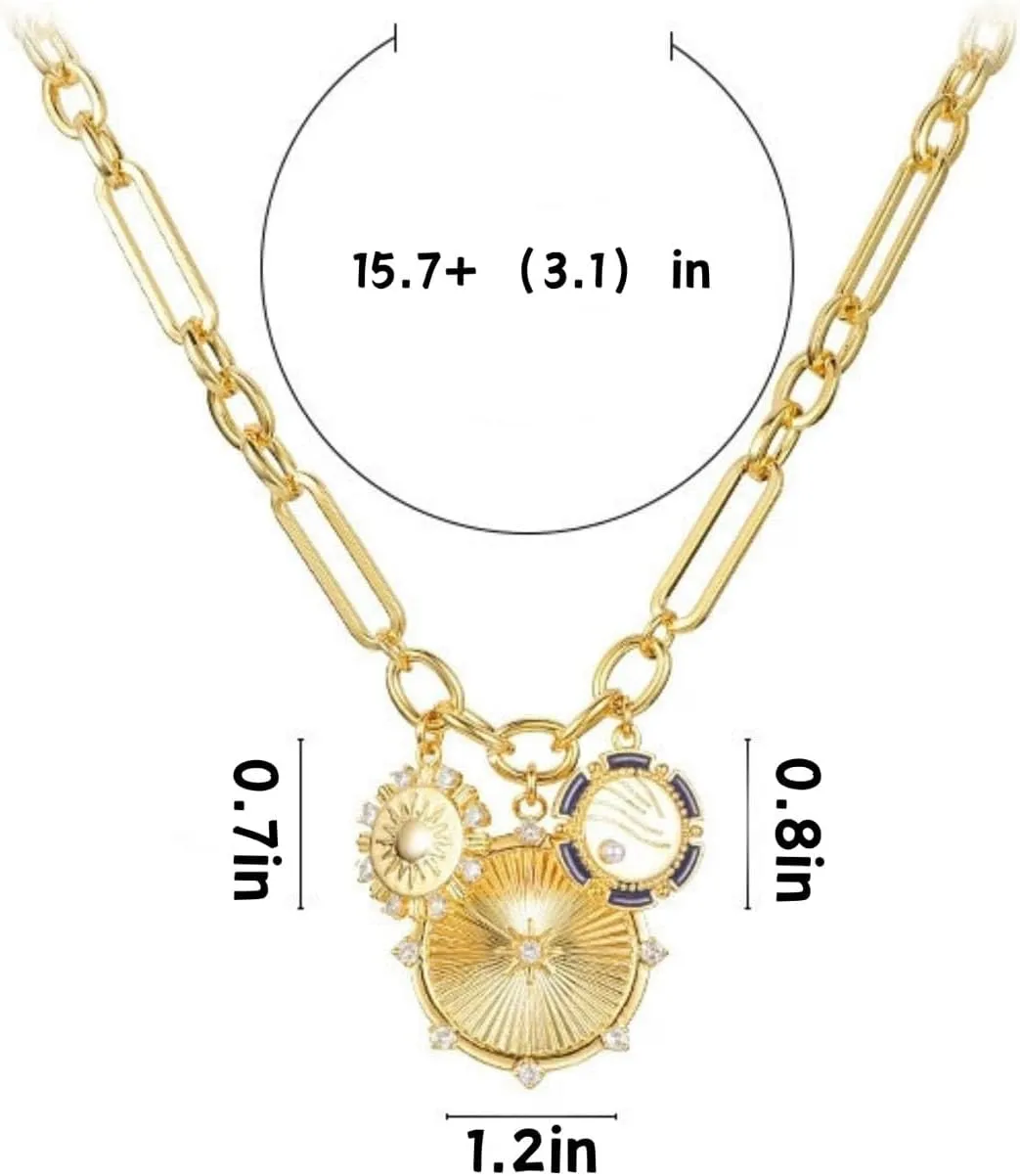 Gold Charm Necklaces for Women, 18K Gold plated Sun Pendant Necklace Chunky Gold Heart Chain Aesthetic Jewelry Accessories