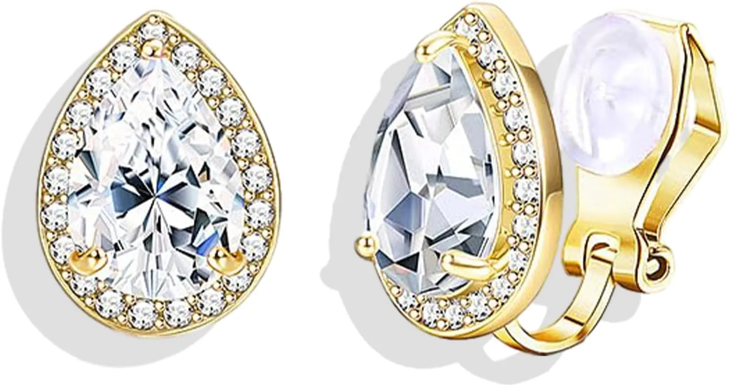 Gold Clip On Cubic Earrings Zirconia Crystal Clip On Stud Earrings Round Non Pierced Earrings for Women