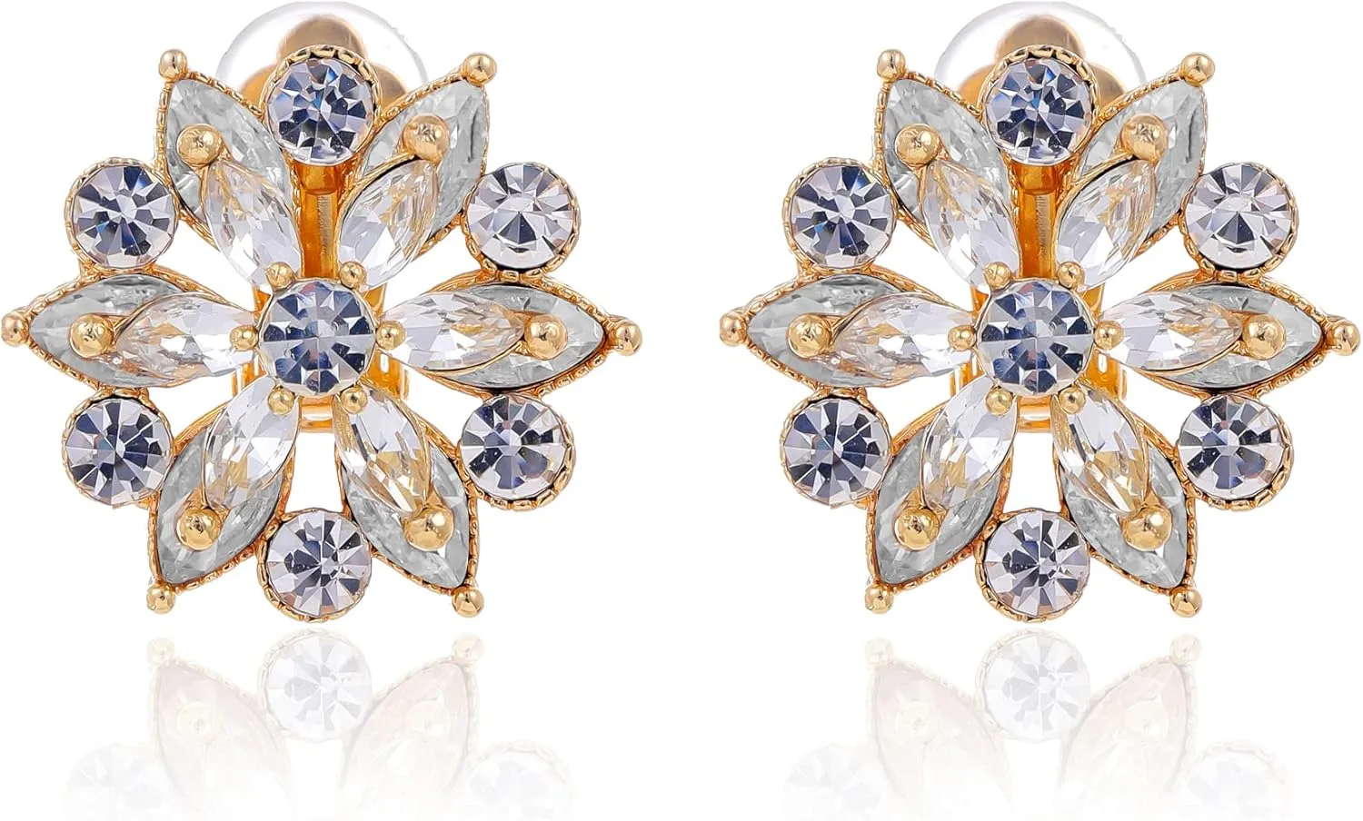 Gold Clip on Earrings for Women Sparkly Flower Rhinestone Crystal Clip on Stud Earrings Statement Big Floral Clip on Earrings Fancy Non Pierced Ear Clip Earrings for Bridal Prom Party Gifts