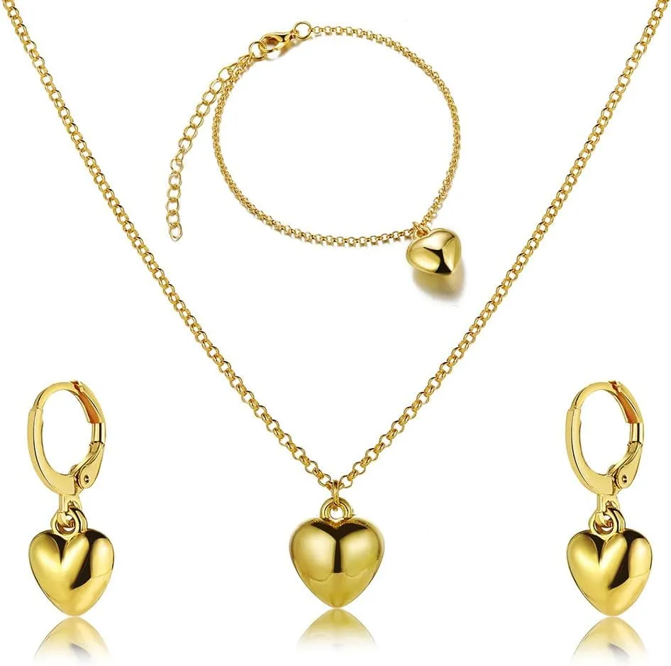 Gold Heart Earrings, Dainty Heart Pendant Necklace & Bangle Bracelet Set for Women