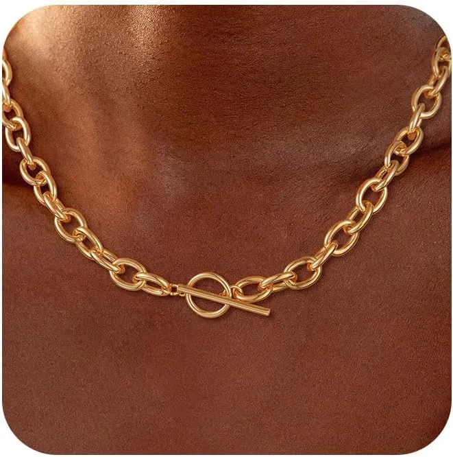 Gold Necklace for Women, 14K Dainty Gold/Silver Layered Chunky Paperclip Chain Necklace Non Tarnish Toggle Clasp Necklaces Stacks Cuban Link Chain Fashion Chunky Jewelry for Women