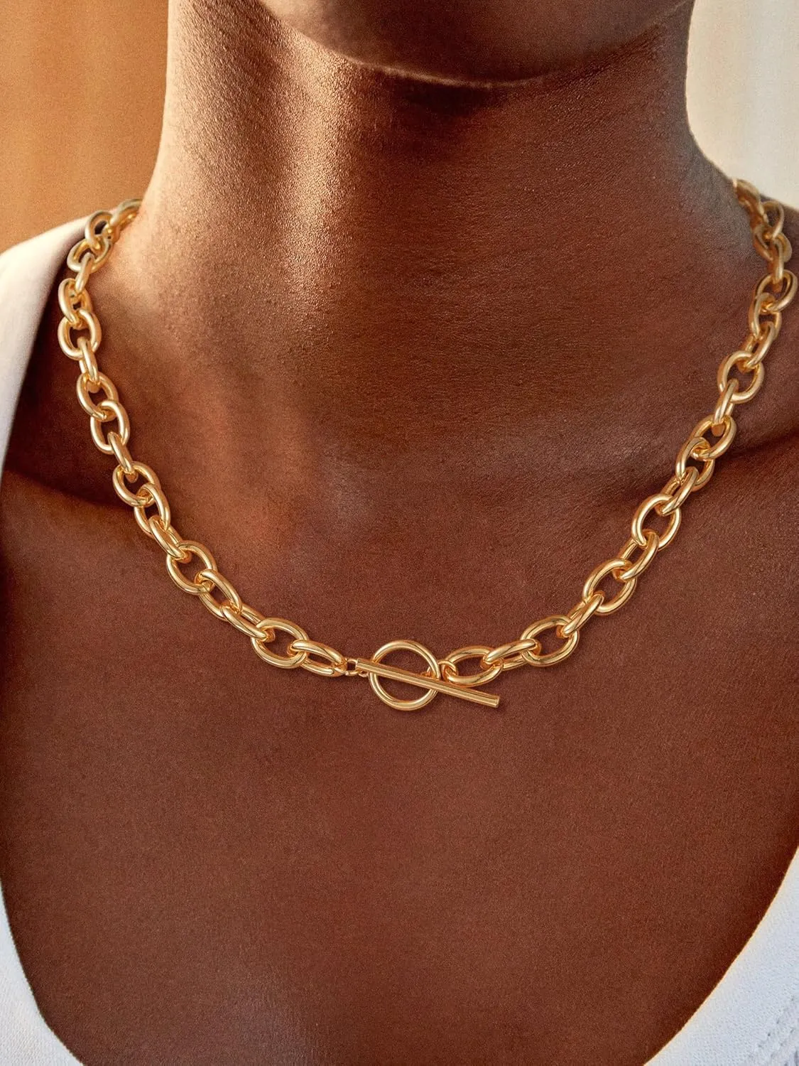 Gold Necklace for Women, 14K Dainty Gold/Silver Layered Chunky Paperclip Chain Necklace Non Tarnish Toggle Clasp Necklaces Stacks Cuban Link Chain Fashion Chunky Jewelry for Women