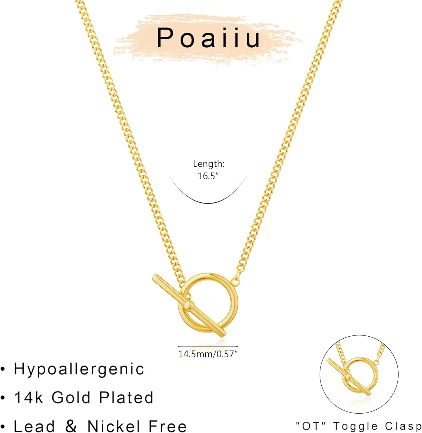 Gold Necklace for Women, 14K Gold Plated Chain Necklace Dainty Choker Necklace for Women Trendy Chunky Pendant Necklaces Layering Toggle T-bar Clasp Link Chain Necklace Jewelry