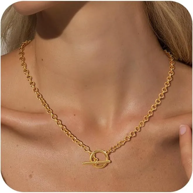 Gold Necklace for Women, 14K Gold Plated Chain Necklace Dainty Choker Necklace for Women Trendy Chunky Pendant Necklaces Layering Toggle T-bar Clasp Link Chain Necklace Jewelry