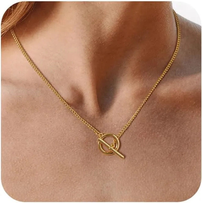 Gold Necklace for Women, 14K Gold Plated Chain Necklace Dainty Choker Necklace for Women Trendy Chunky Pendant Necklaces Layering Toggle T-bar Clasp Link Chain Necklace Jewelry