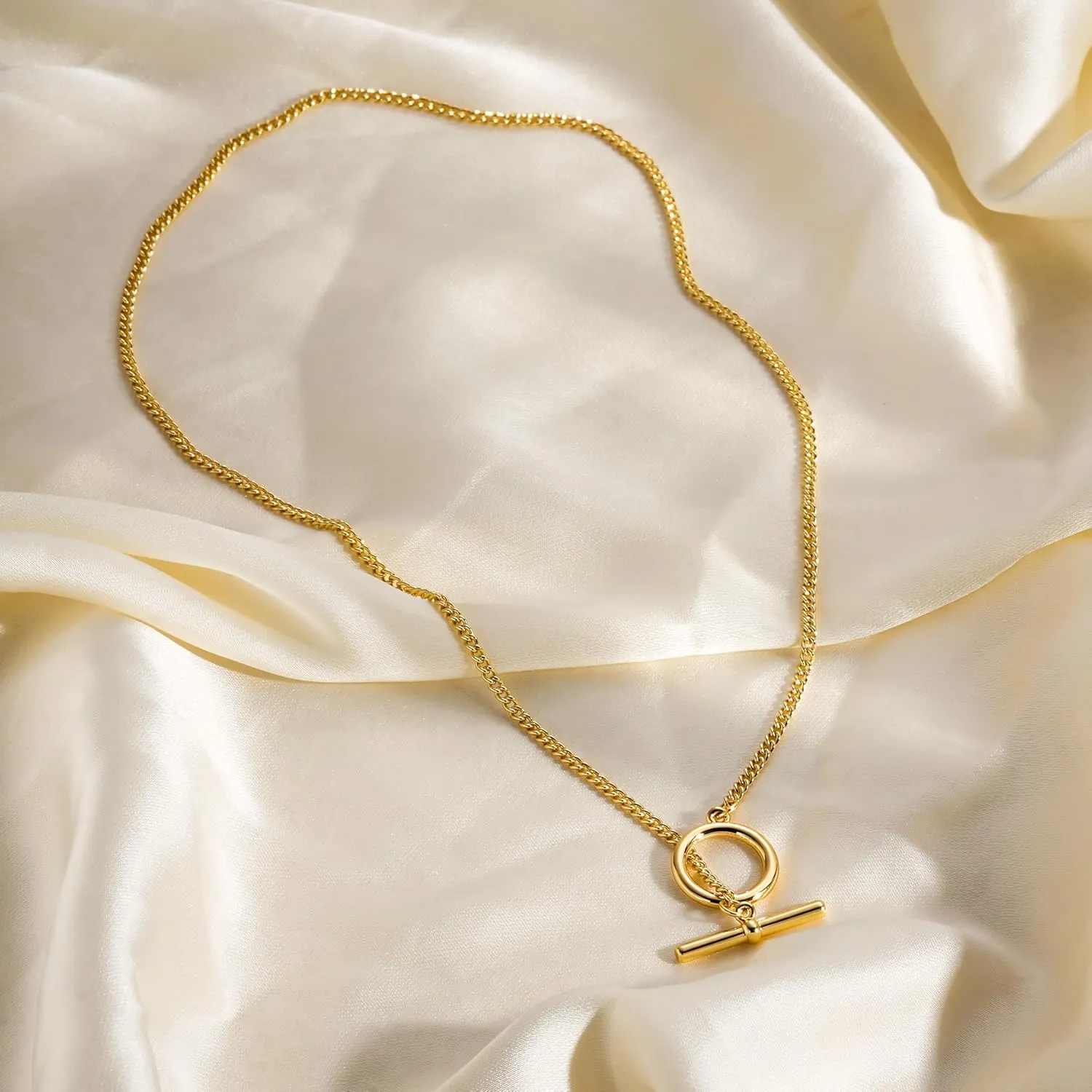 Gold Necklace for Women, 14K Gold Plated Chain Necklace Dainty Choker Necklace for Women Trendy Chunky Pendant Necklaces Layering Toggle T-bar Clasp Link Chain Necklace Jewelry