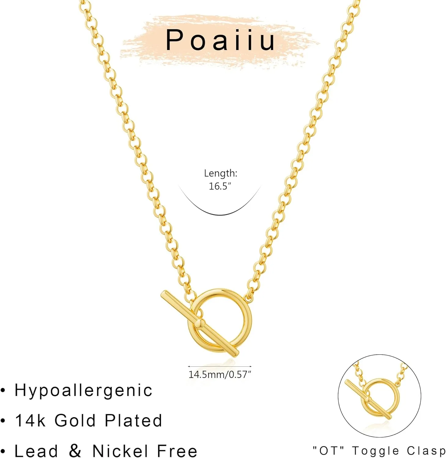 Gold Necklace for Women, 14K Gold Plated Chain Necklace Dainty Choker Necklace for Women Trendy Chunky Pendant Necklaces Layering Toggle T-bar Clasp Link Chain Necklace Jewelry