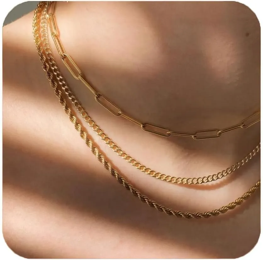 Gold Necklaces for Women,14K Gold Layering Necklace Set, Cuban Link,Trendy Snake Chain, Paperclip Layered Chains Choker Necklaces,Simple Jewelry Gift for Women (Herringbone Necklace Set)