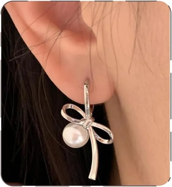 Gold Pearl Bow Earrings Pearl Hoop Earrings S925 Sterling Silver Post Statement White Pearl Drop Earrings Big Pearl Earrings Bow Earrings For Women