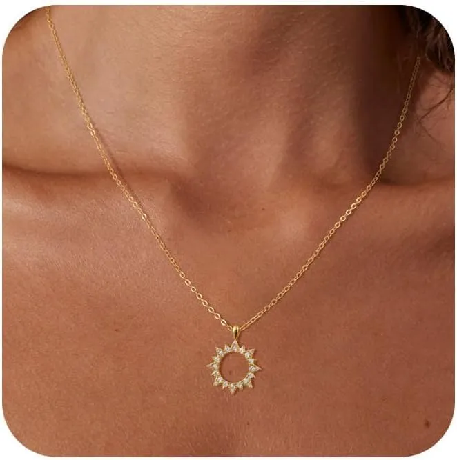 Gold Pendant Necklace for Women 14K Gold Plated Sun Necklace Dainty Trendy Necklace Cute Simple Minimalist Necklace Cubic Zirconia Necklace Sunset Necklace Jewelry for Women
