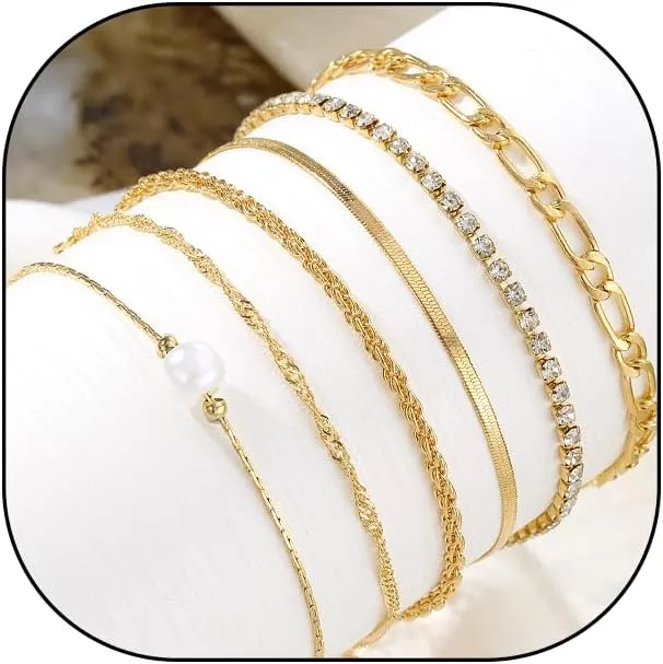 Gold Stack Bracelet Set for Women,Trendy 14k Gold Dainty Stackable Bracelets,Layered Paperclip Link Cuban Chain Bracelets,Jewelry Gifts for Teen Girls