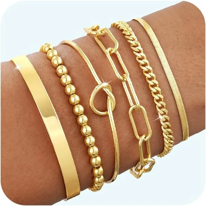Gold/Silver Bracelets for Women Dainty 14K Gold Plated Bangle Bracelet Stack Waterproof Stackable Jewelry Set Non Tarnish Link Chain Adjustable Jewelry Gifts