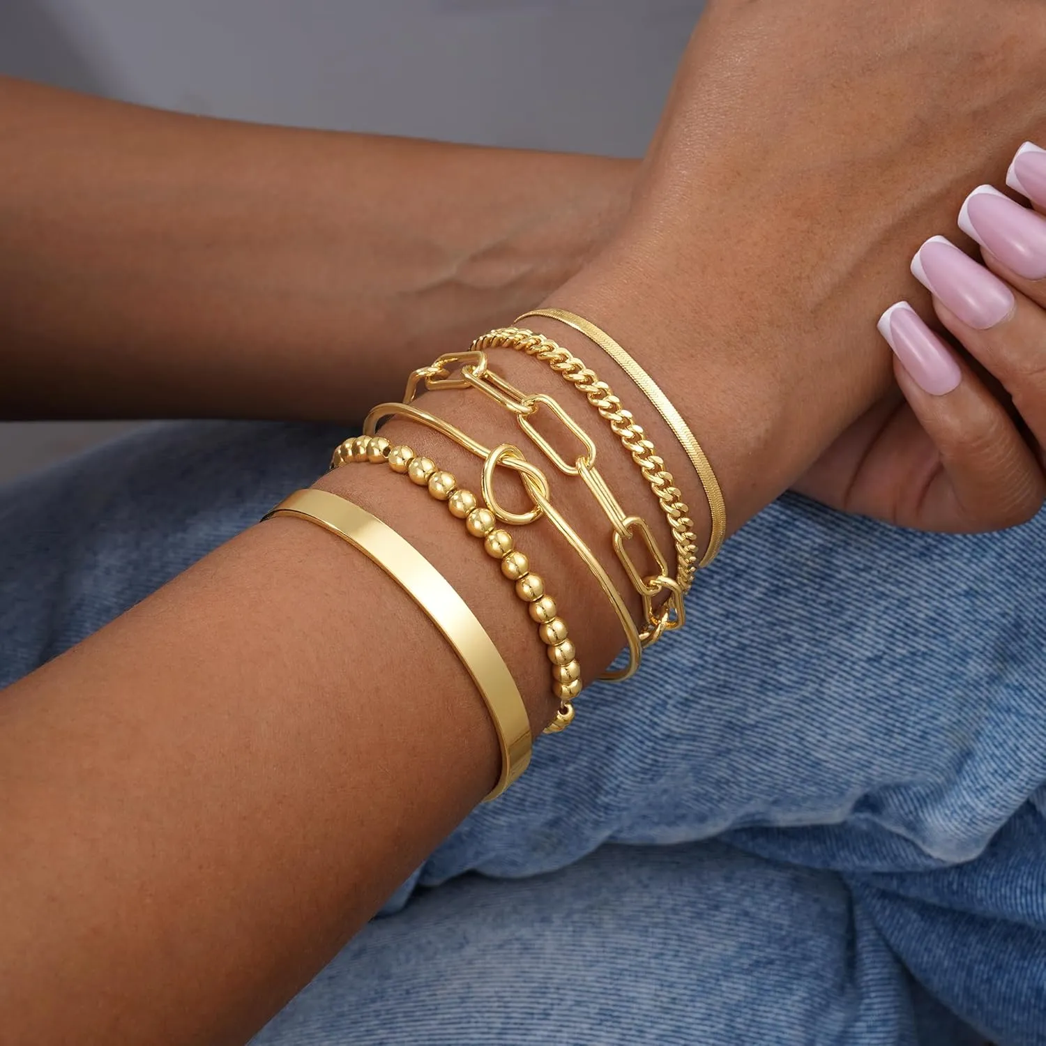 Gold/Silver Bracelets for Women Dainty 14K Gold Plated Bangle Bracelet Stack Waterproof Stackable Jewelry Set Non Tarnish Link Chain Adjustable Jewelry Gifts
