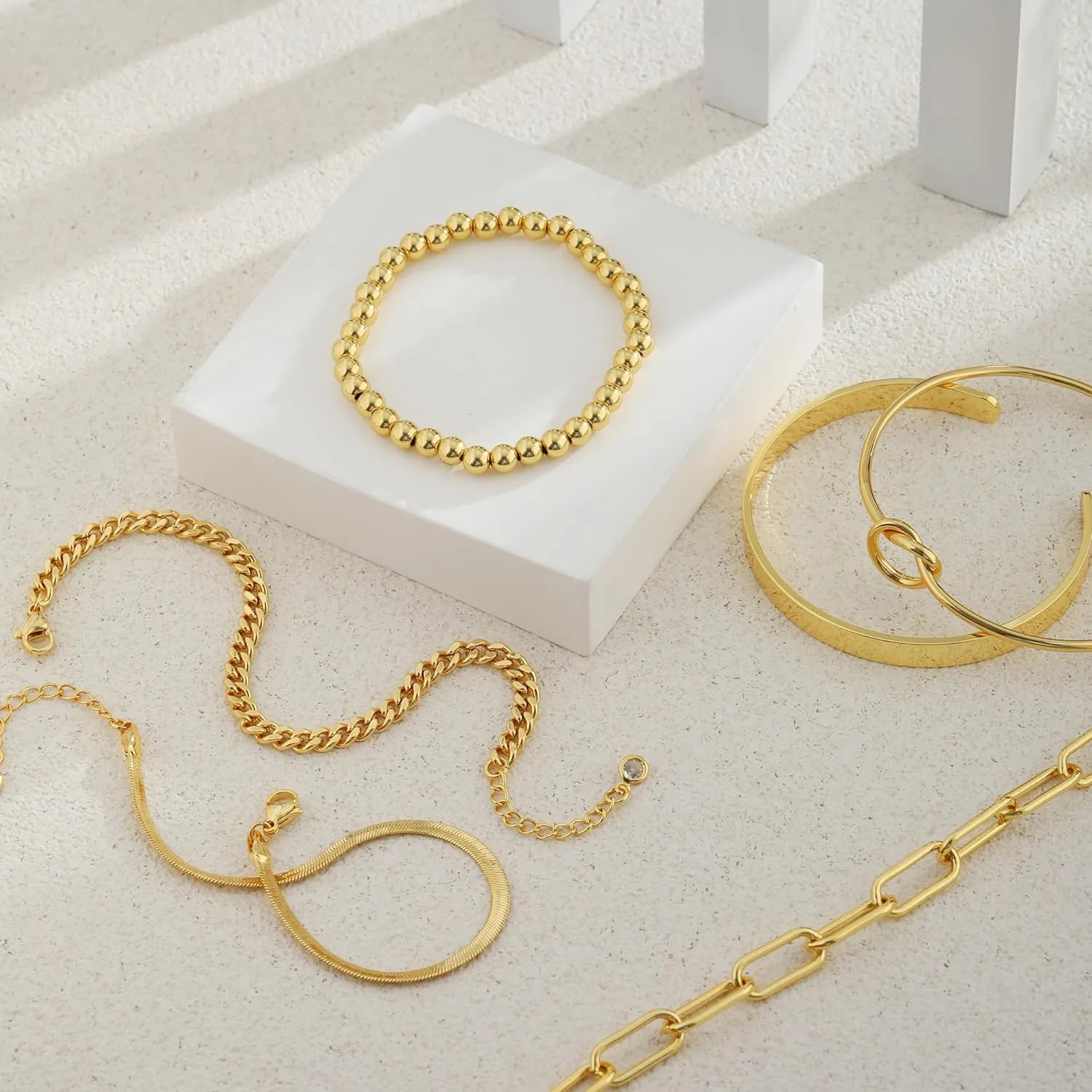 Gold/Silver Bracelets for Women Dainty 14K Gold Plated Bangle Bracelet Stack Waterproof Stackable Jewelry Set Non Tarnish Link Chain Adjustable Jewelry Gifts