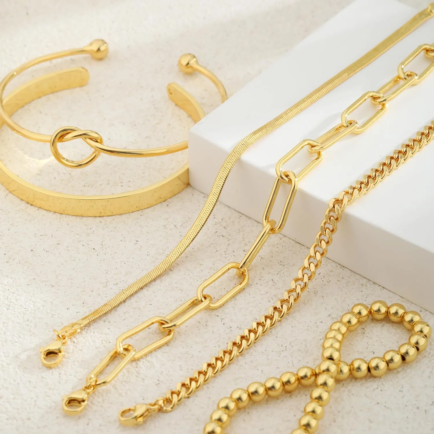 Gold/Silver Bracelets for Women Dainty 14K Gold Plated Bangle Bracelet Stack Waterproof Stackable Jewelry Set Non Tarnish Link Chain Adjustable Jewelry Gifts