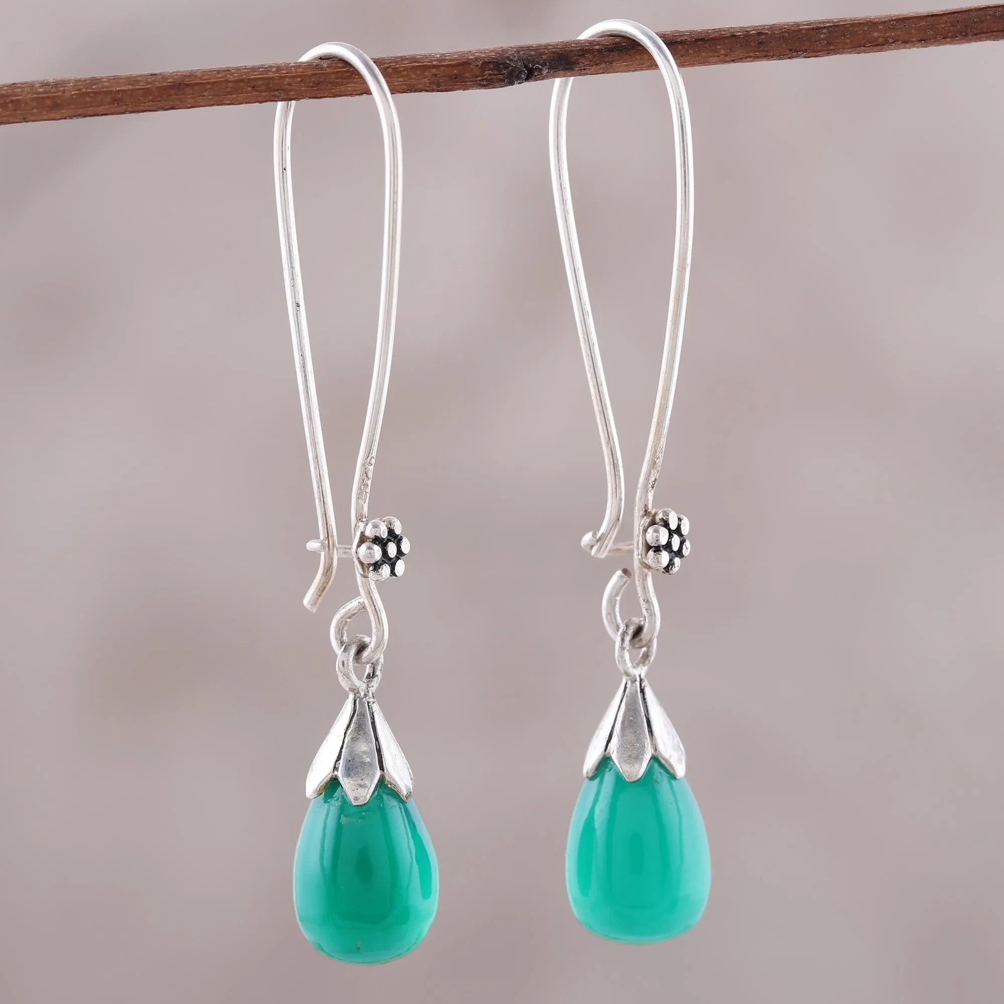 Graceful Tear in Green Green Onyx and Sterling Silver Teardrop Dangle Earrings