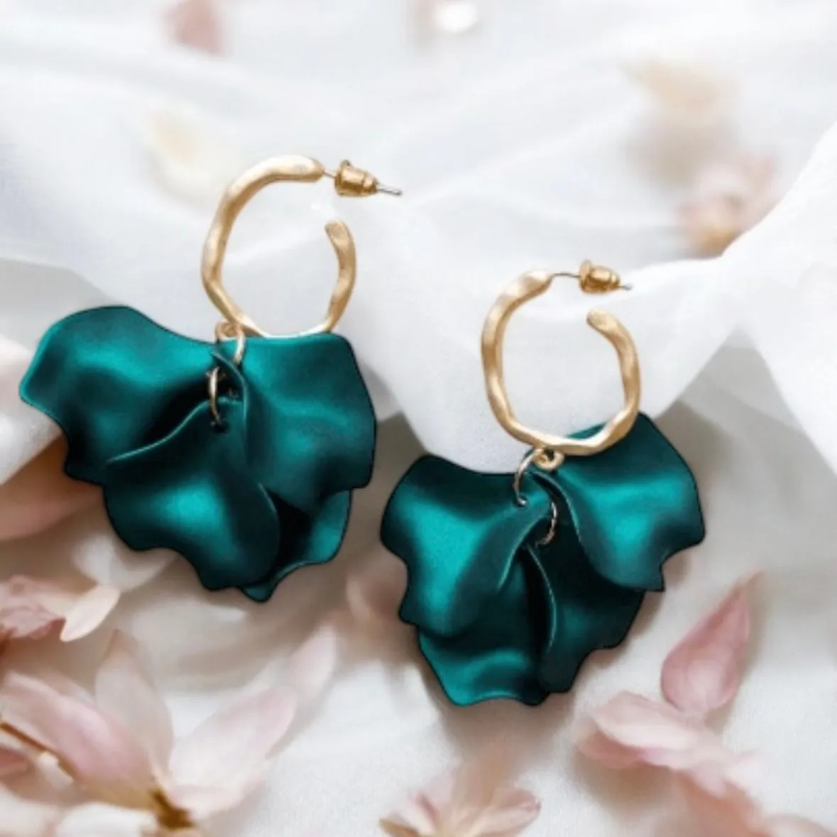 Green - Emerald green flower earrings | iridsecent petals baroque earrings | unique gold hoop floral earrings | bridal party wedding earrings