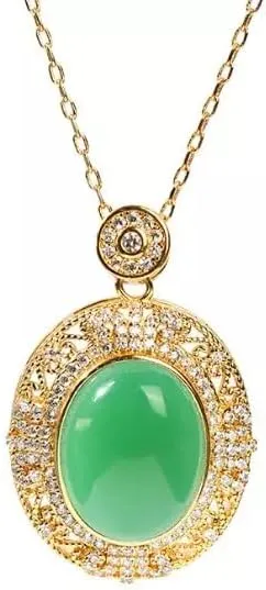 Green Jade Crystal Pendant Necklace Charm 18K Gold Plated Chain Dainty Gemstone