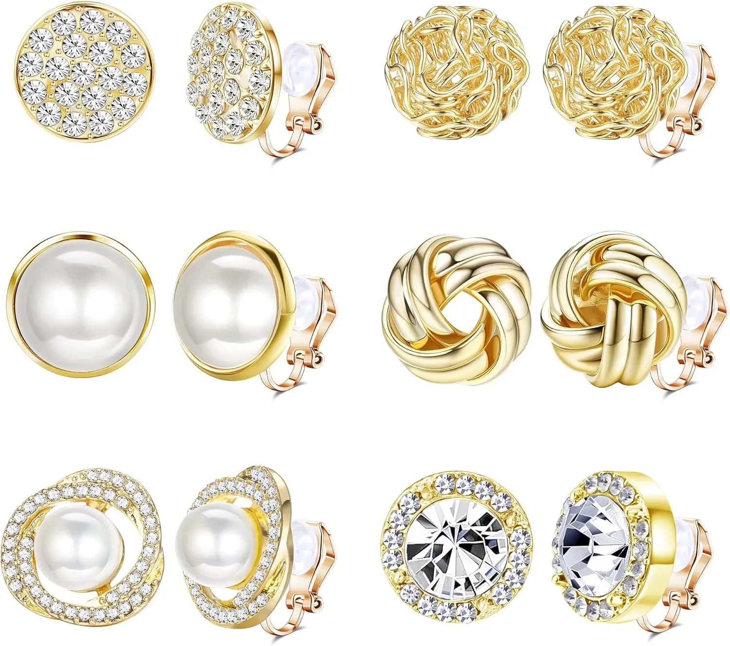 HAIAISO 6 Pairs Clip On Earrings Cubic Zirconia Pearl Knot Twist Clip On Earrings Non Pierced for Women Clip Earrings Set