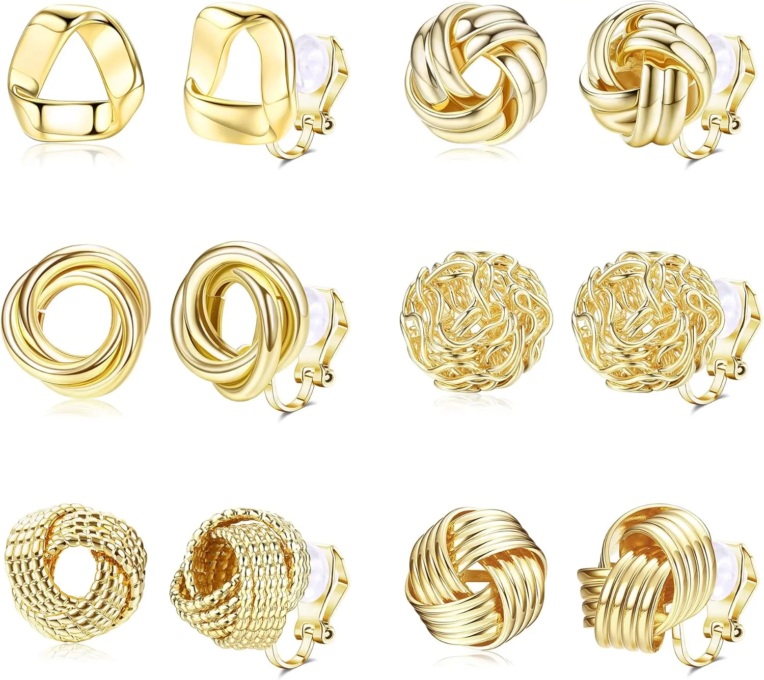 HAIAISO 6 Pairs Clip On Earrings Cubic Zirconia Pearl Knot Twist Clip On Earrings Non Pierced for Women Clip Earrings Set