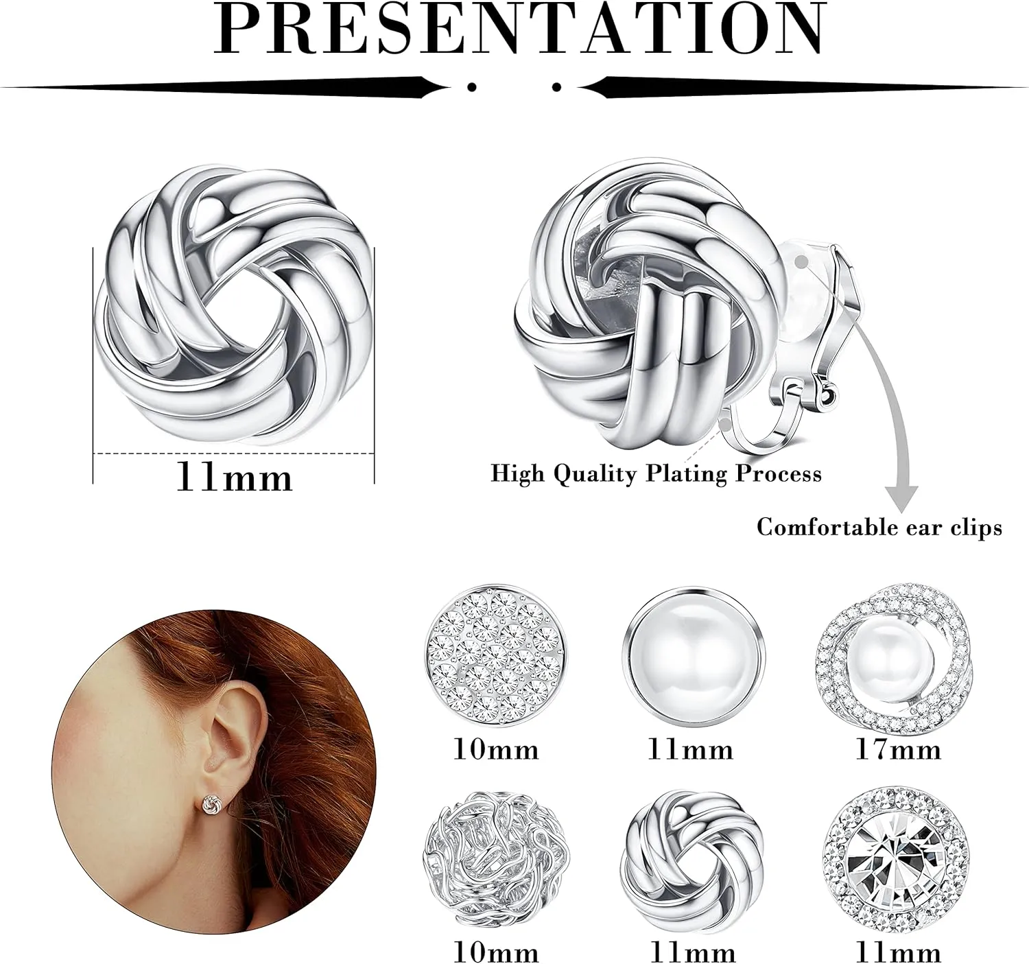 HAIAISO 6 Pairs Clip On Earrings Cubic Zirconia Pearl Knot Twist Clip On Earrings Non Pierced for Women Clip Earrings Set