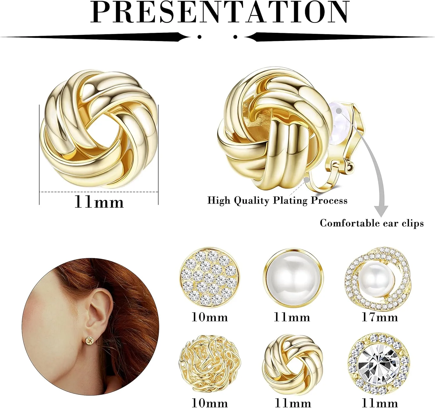 HAIAISO 6 Pairs Clip On Earrings Cubic Zirconia Pearl Knot Twist Clip On Earrings Non Pierced for Women Clip Earrings Set