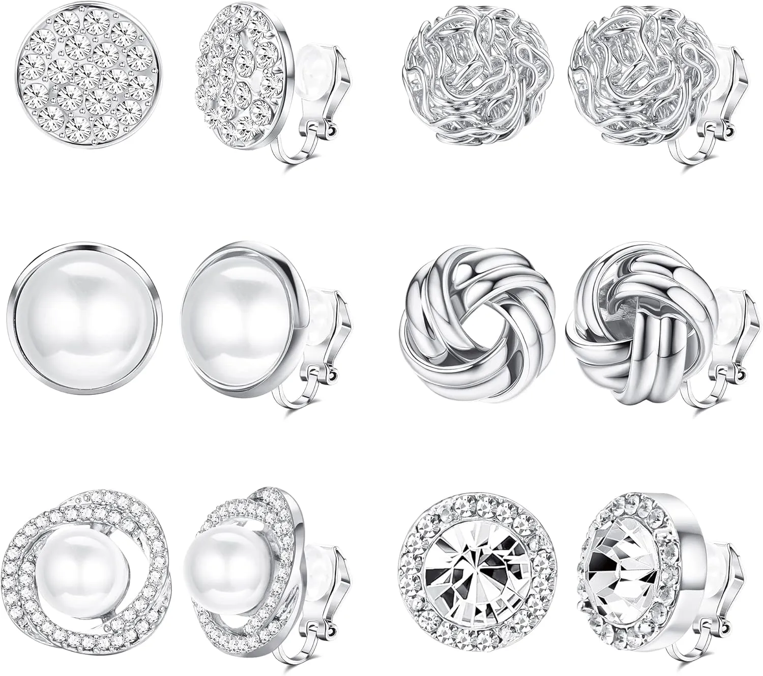 HAIAISO 6 Pairs Clip On Earrings Cubic Zirconia Pearl Knot Twist Clip On Earrings Non Pierced for Women Clip Earrings Set