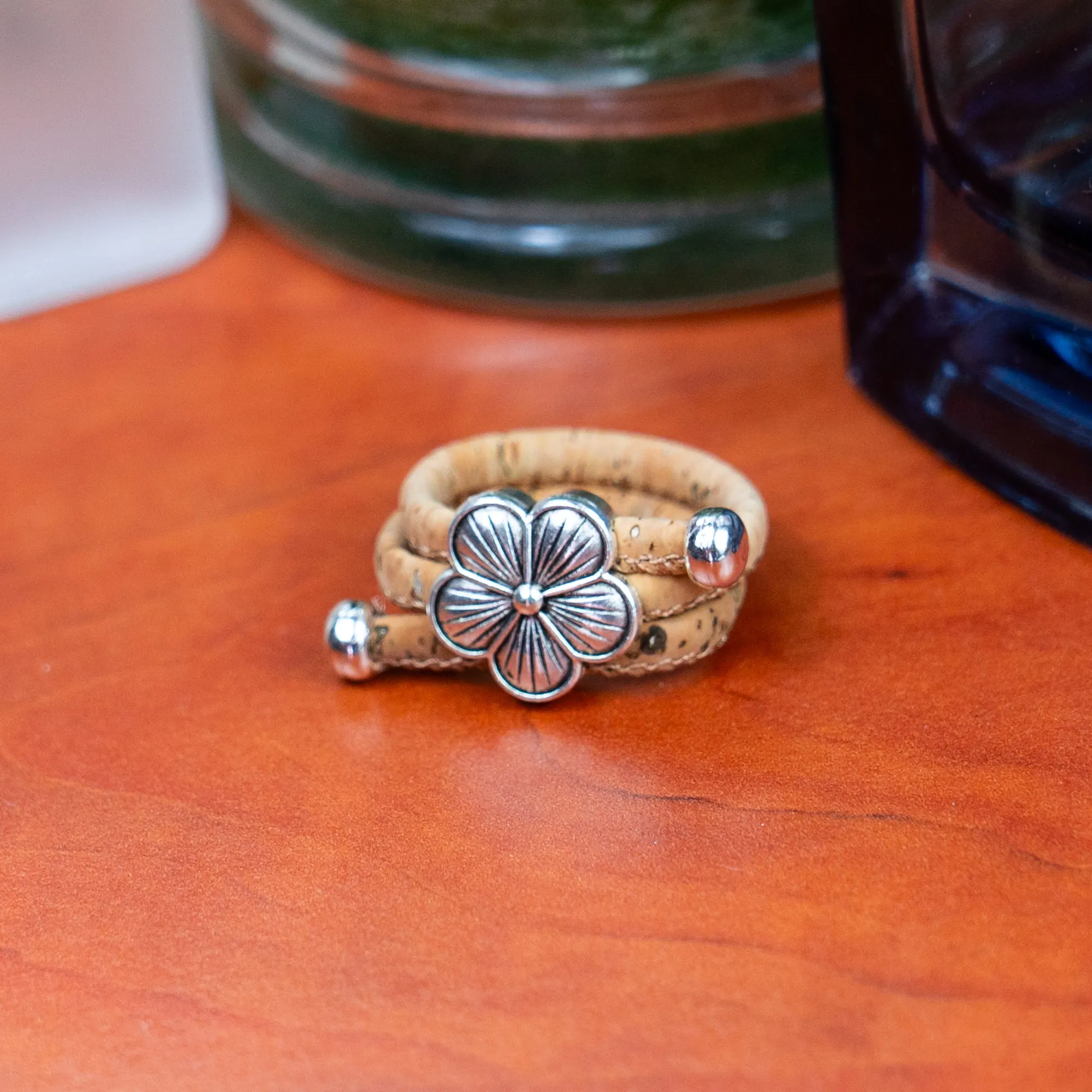 Handcrafted women's fashion ring with natural cork wire and flower alloy hardware! RW-052-AB-10