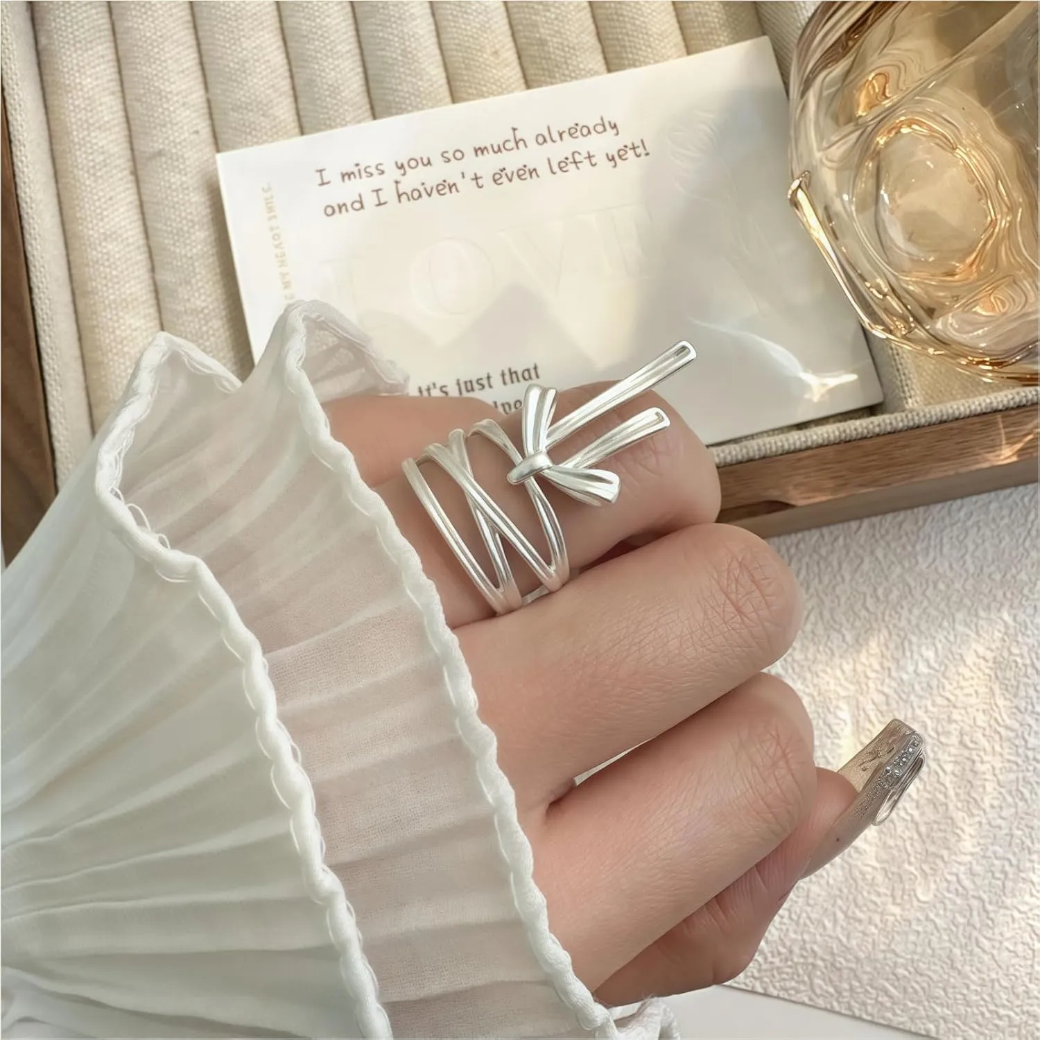 Handmade 925 Sterling Silver Rings For Women Bow Rings With Pendant Hollow Rings Multi Layered Rings Sweety Finger Rings Open Adjustable Rings For Women Statement Rings Elegant Jewelry Gifts For Women