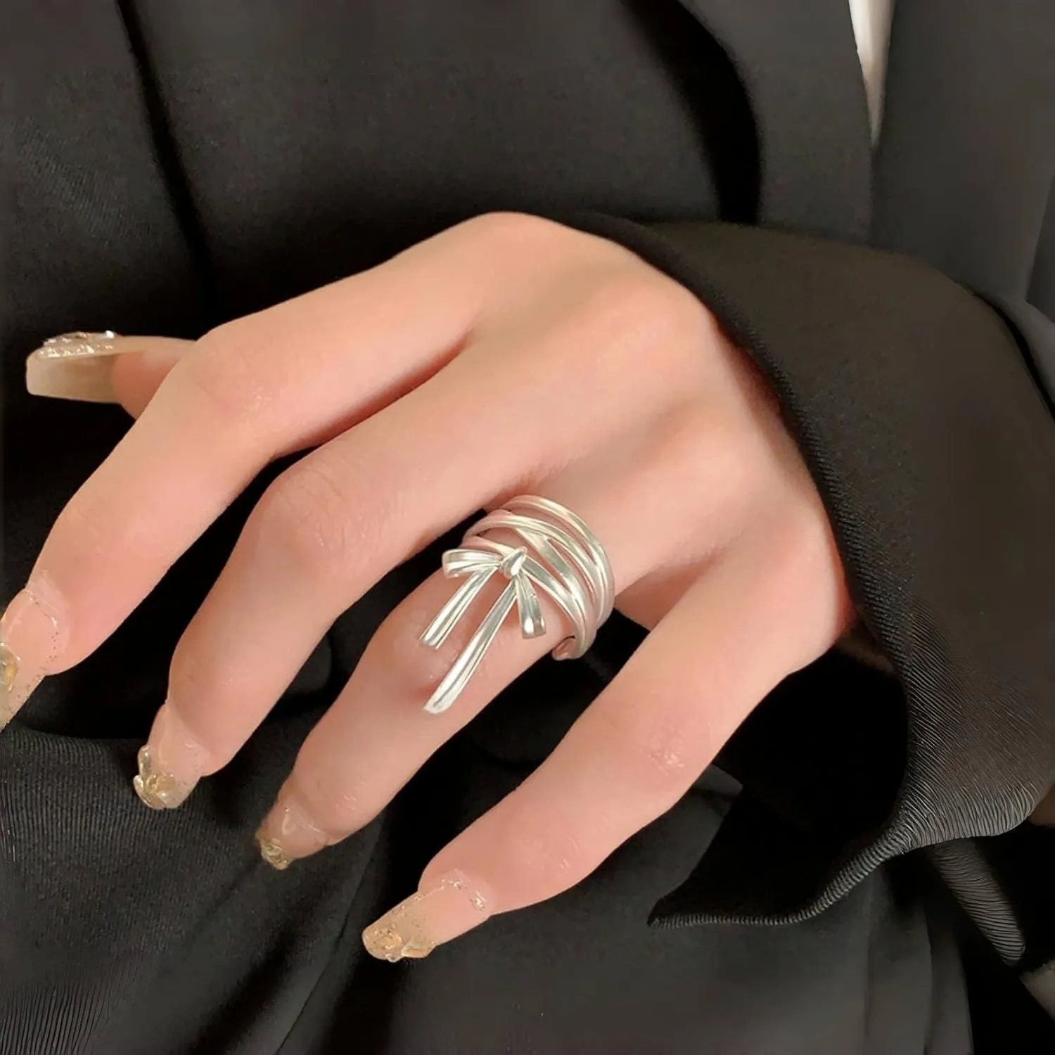 Handmade 925 Sterling Silver Rings For Women Bow Rings With Pendant Hollow Rings Multi Layered Rings Sweety Finger Rings Open Adjustable Rings For Women Statement Rings Elegant Jewelry Gifts For Women