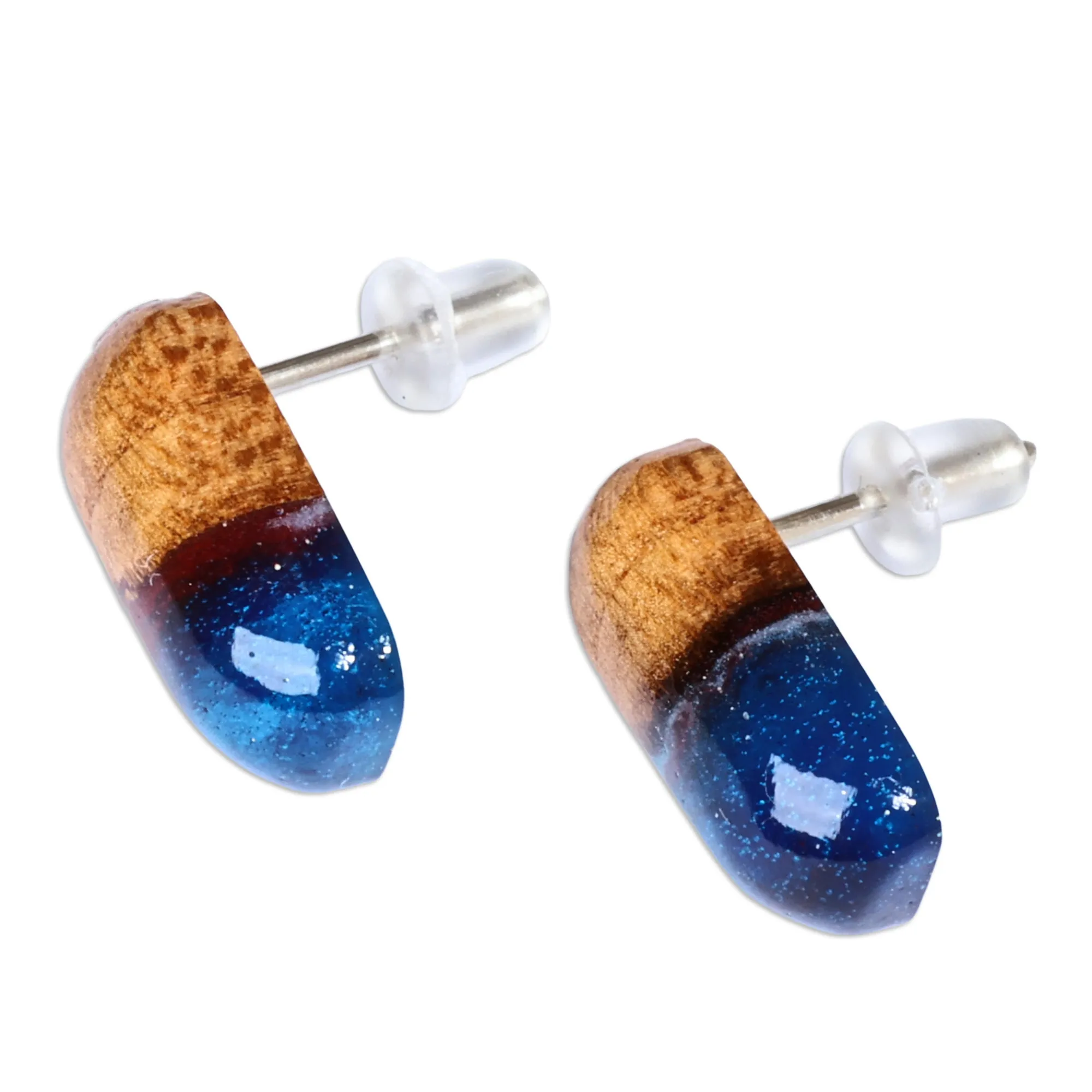 Handmade Blue and Brown Apricot Wood Oblong Button Earrings - Little Spell | NOVICA