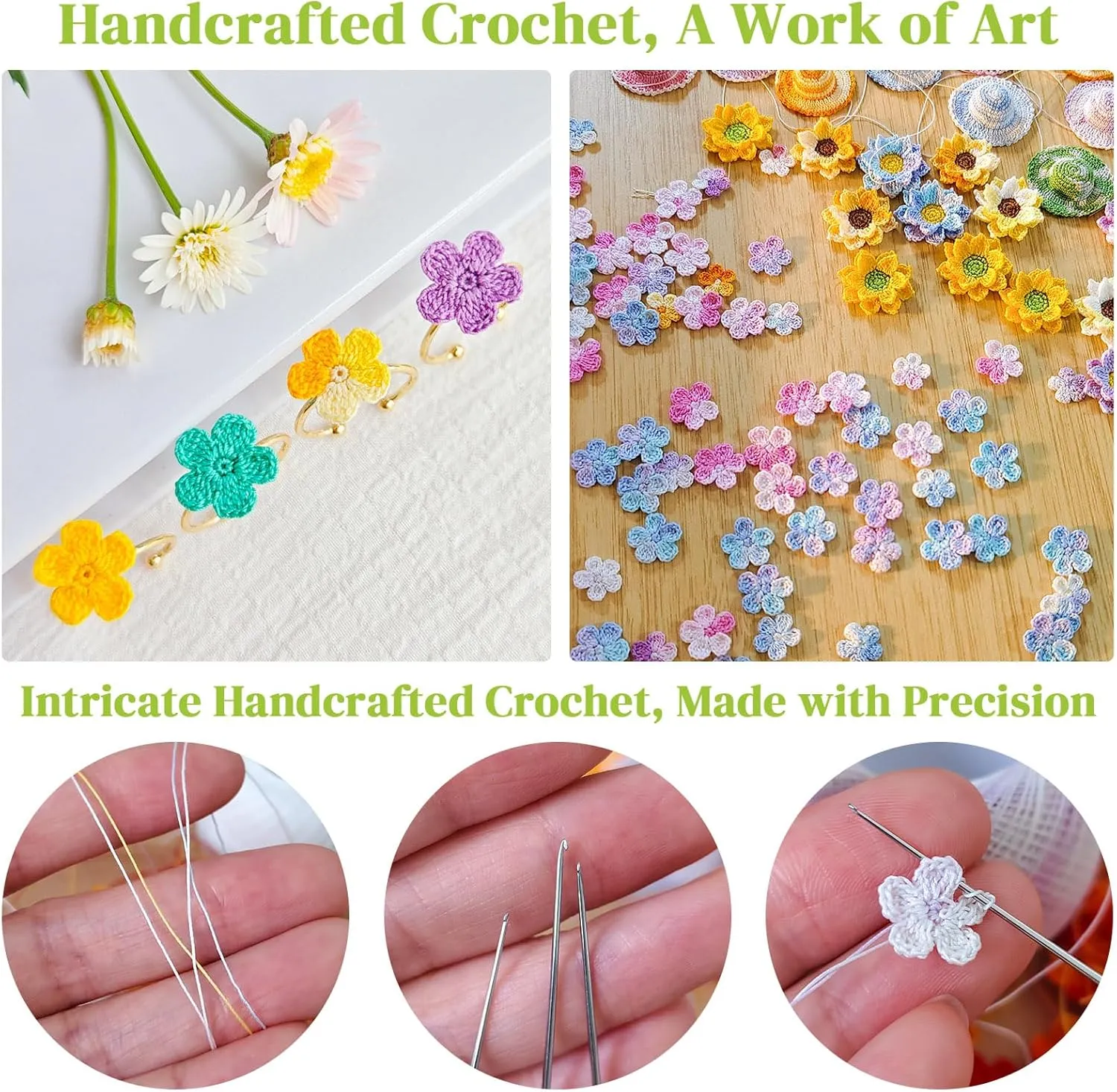 Handmade Micro Crochet Flower Ring,14K Gold Crochet Ring, Adjustable Dainty Flower Crochet Ring