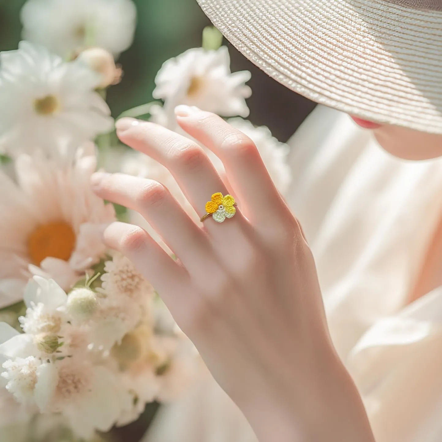 Handmade Micro Crochet Flower Ring,14K Gold Crochet Ring, Adjustable Dainty Flower Crochet Ring
