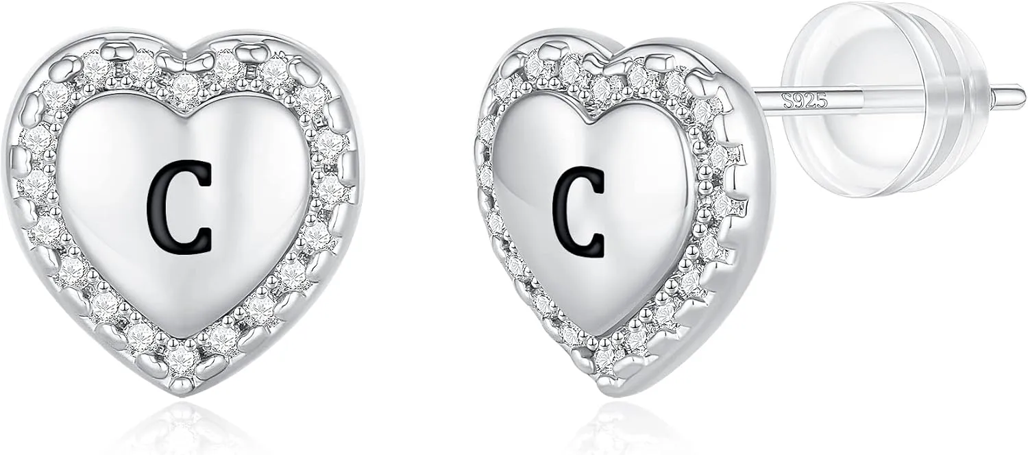 Heart Earrings for Girls Kids, 925 Sterling Silver Post Hypoallergenic Girls Earrings CZ Letter Earrings for Teen Girls Initial Earrings for Little Girls Kids Toddler Christmas Gifts