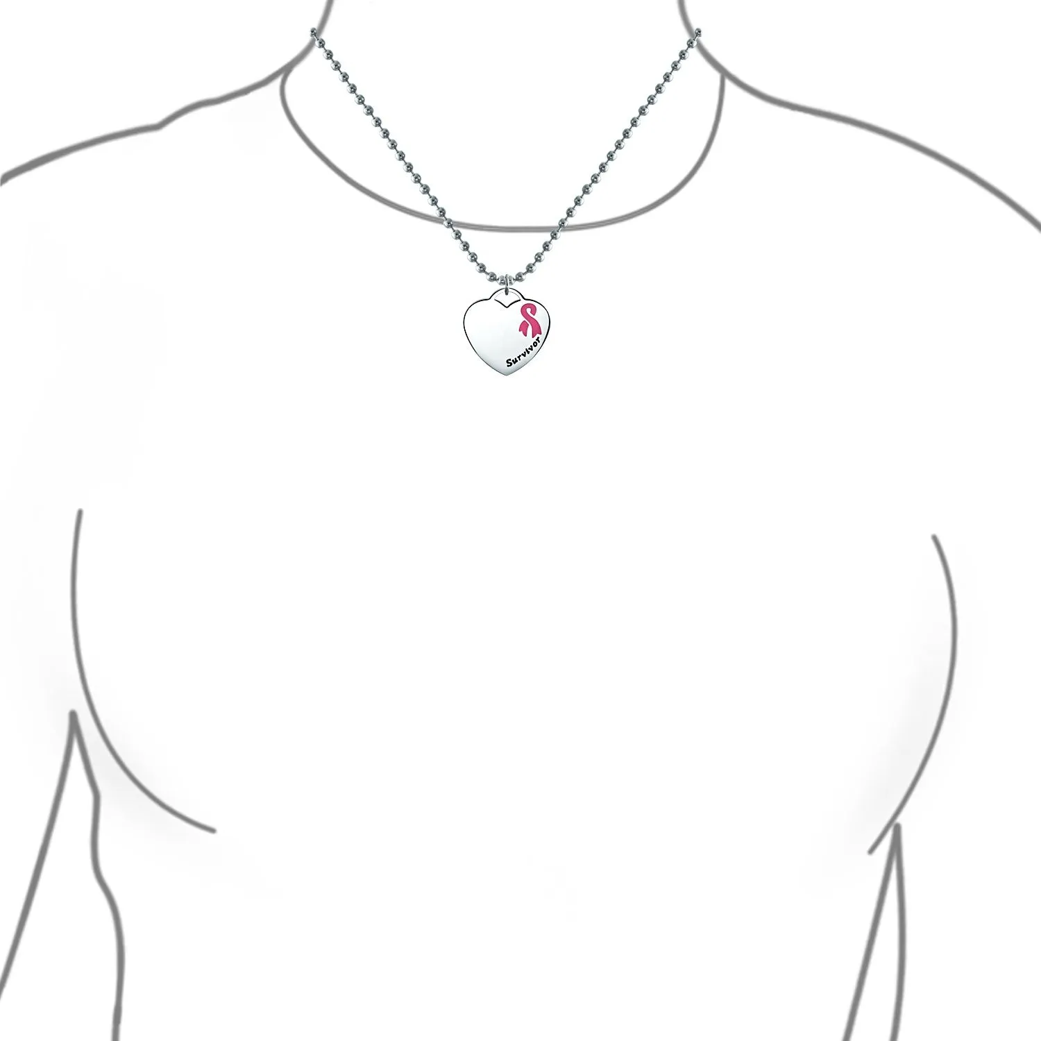 Heart Pink Ribbon Breast Cancer Survivor Pendant Necklace Silver Stainless Steel