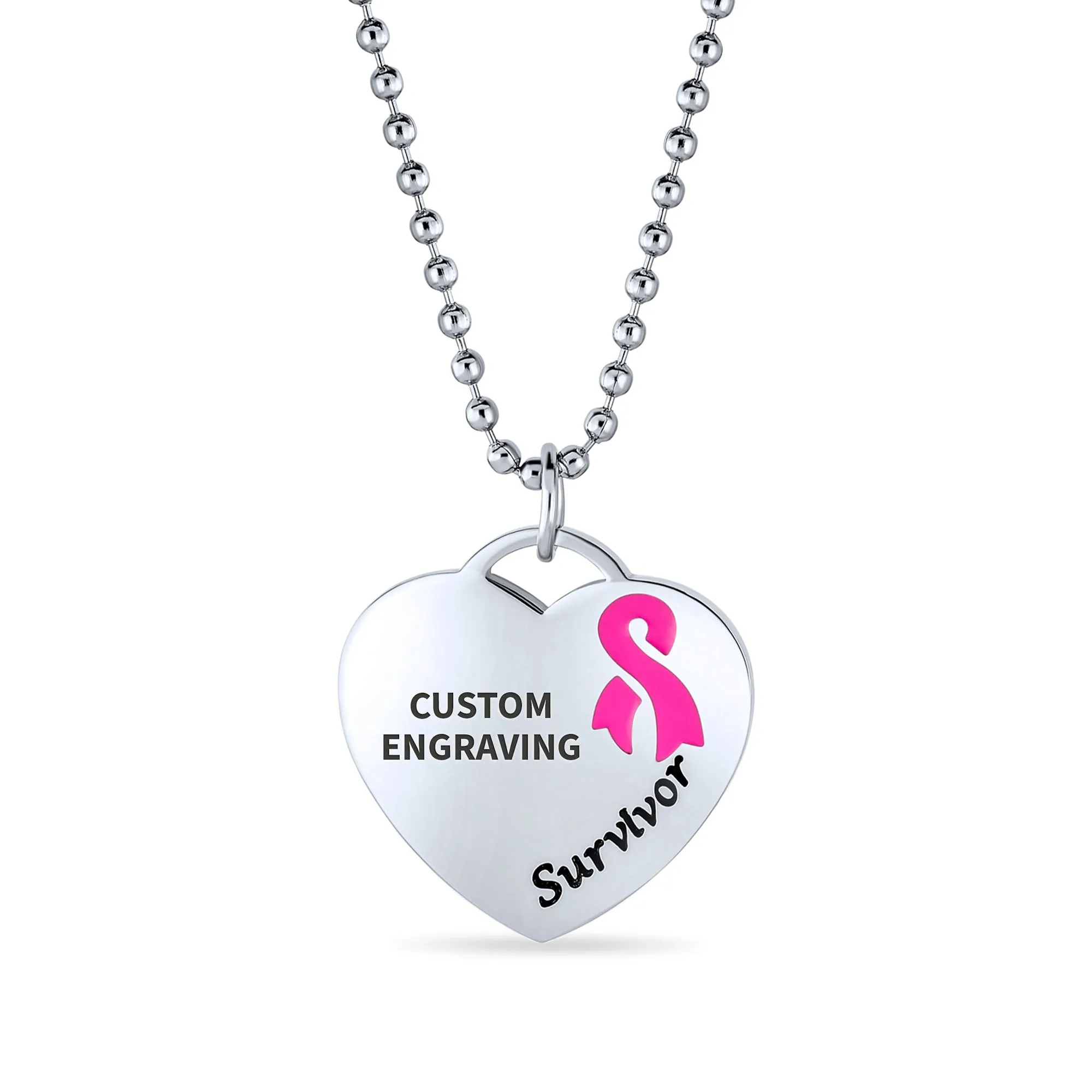 Heart Pink Ribbon Breast Cancer Survivor Pendant Necklace Silver Stainless Steel
