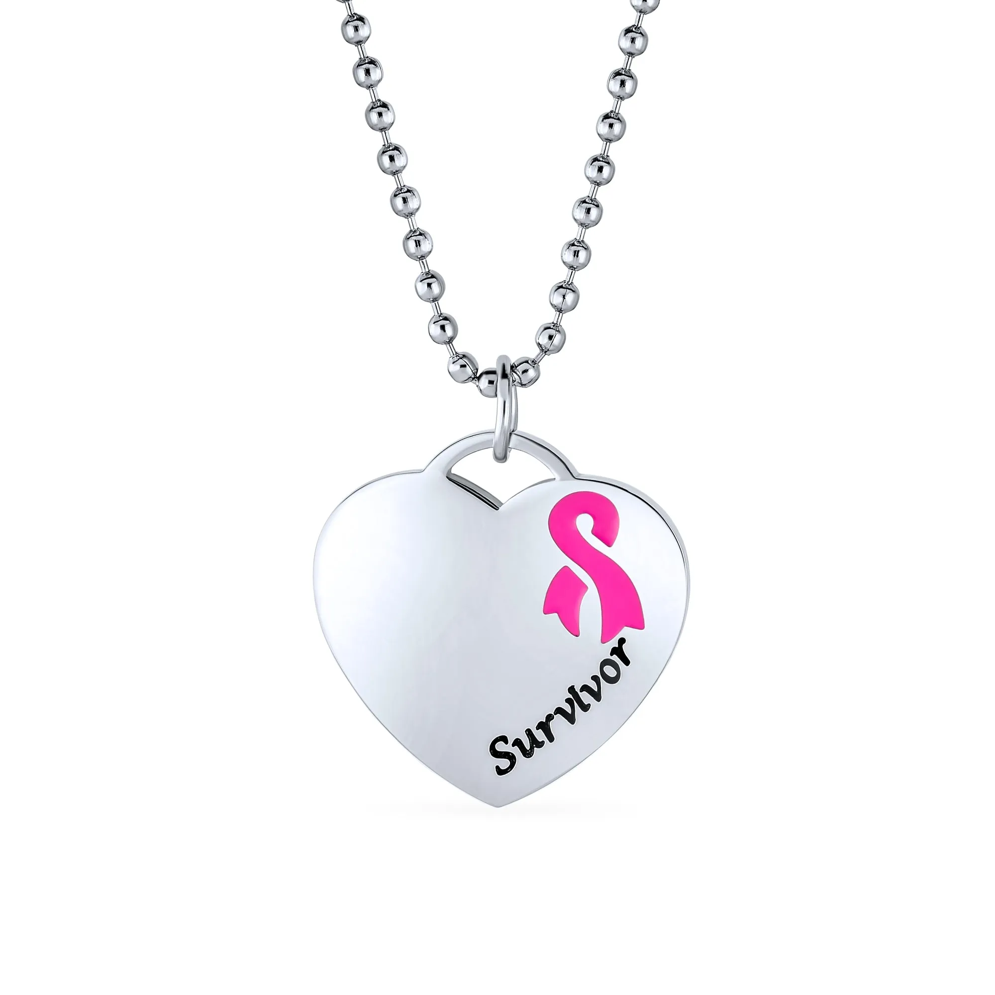 Heart Pink Ribbon Breast Cancer Survivor Pendant Necklace Silver Stainless Steel