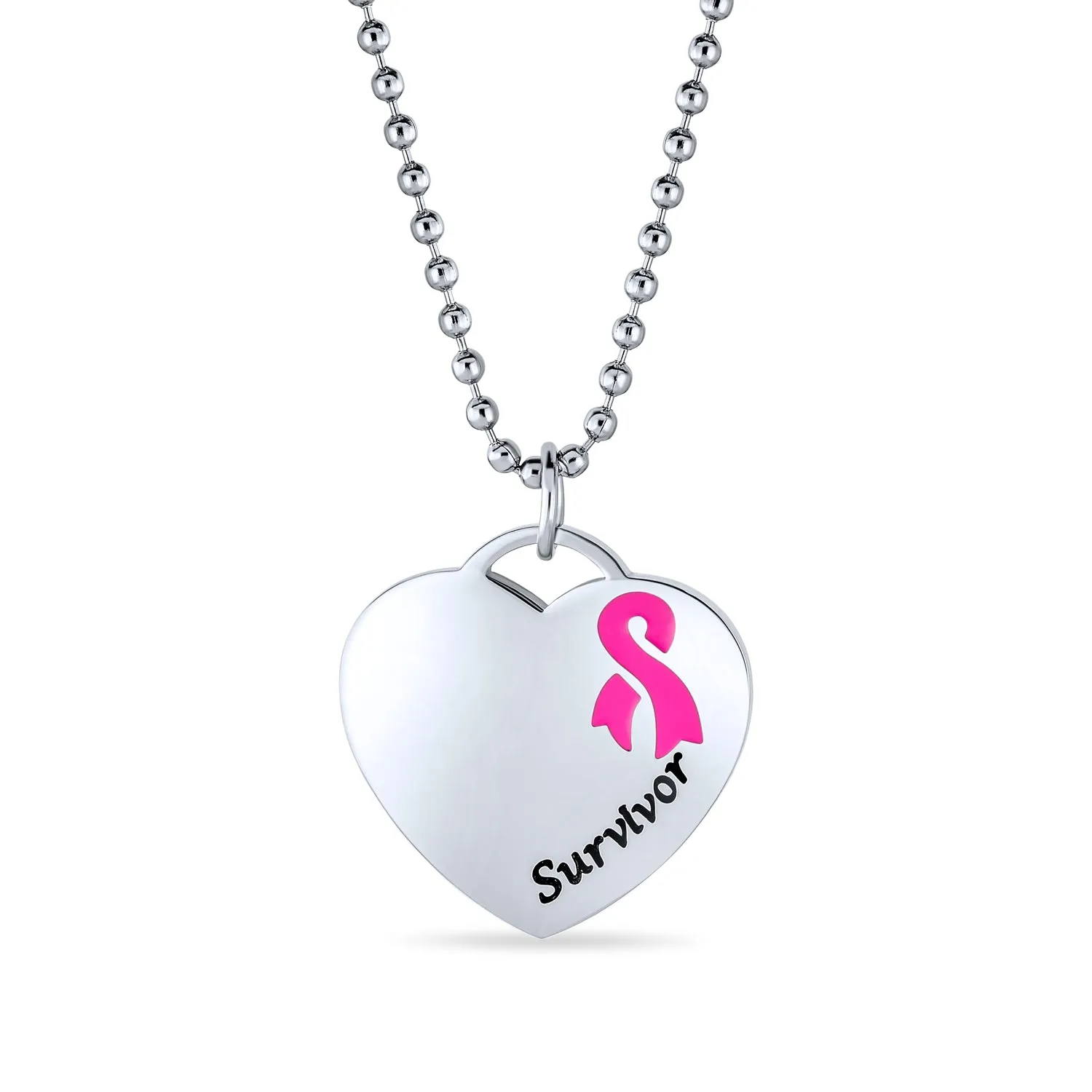 Heart Pink Ribbon Breast Cancer Survivor Pendant Necklace Silver Stainless Steel