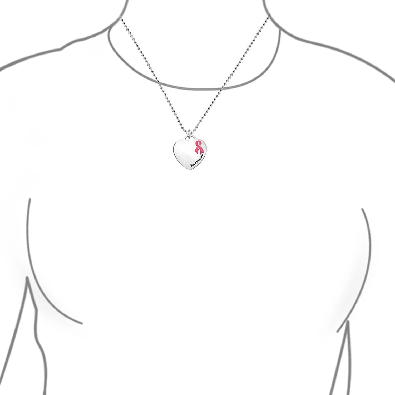 Heart Pink Ribbon Breast Cancer Survivor Pendant Necklace Silver Stainless Steel