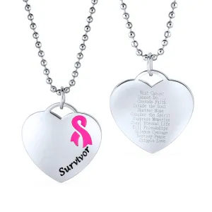 Heart Pink Ribbon Breast Cancer Survivor Pendant Necklace Silver Stainless Steel