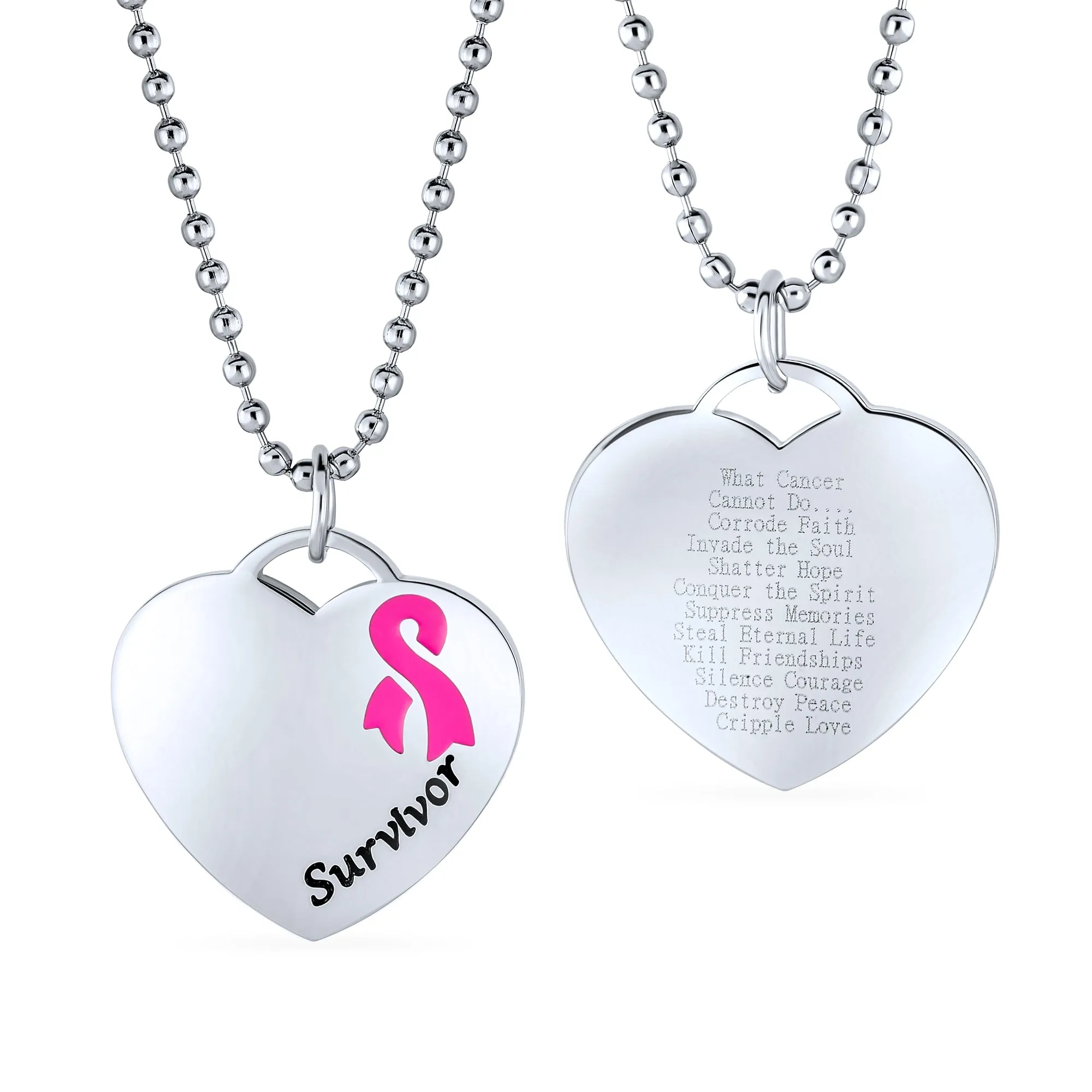 Heart Pink Ribbon Breast Cancer Survivor Pendant Necklace Silver Stainless Steel