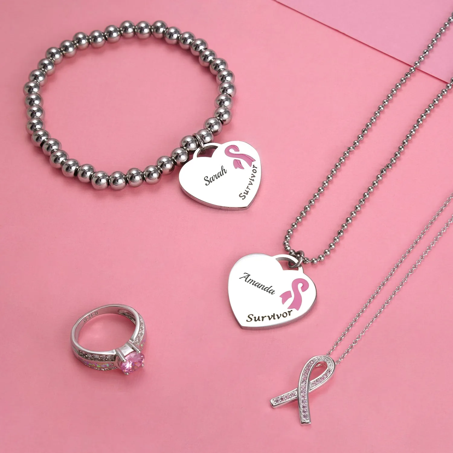 Heart Pink Ribbon Breast Cancer Survivor Pendant Necklace Silver Stainless Steel